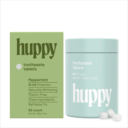 huppy peppermint toothpaste green box and blue container