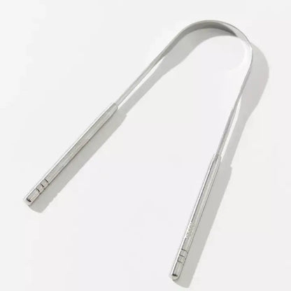chrome tongue scraper with white background
