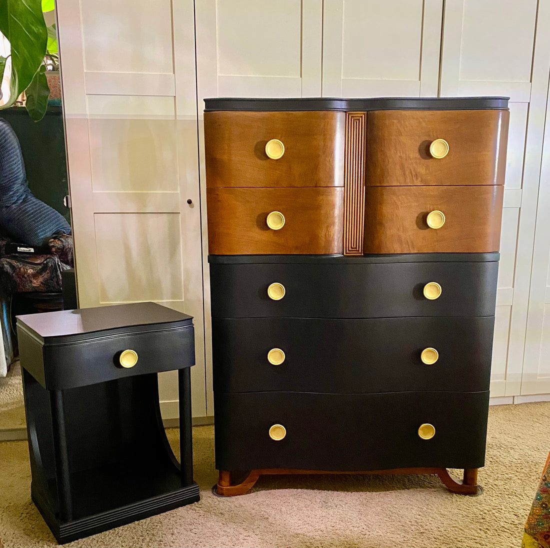 Art Deco Highboy Dresser &amp; Nightstand – Solid Wood (1920-1940)