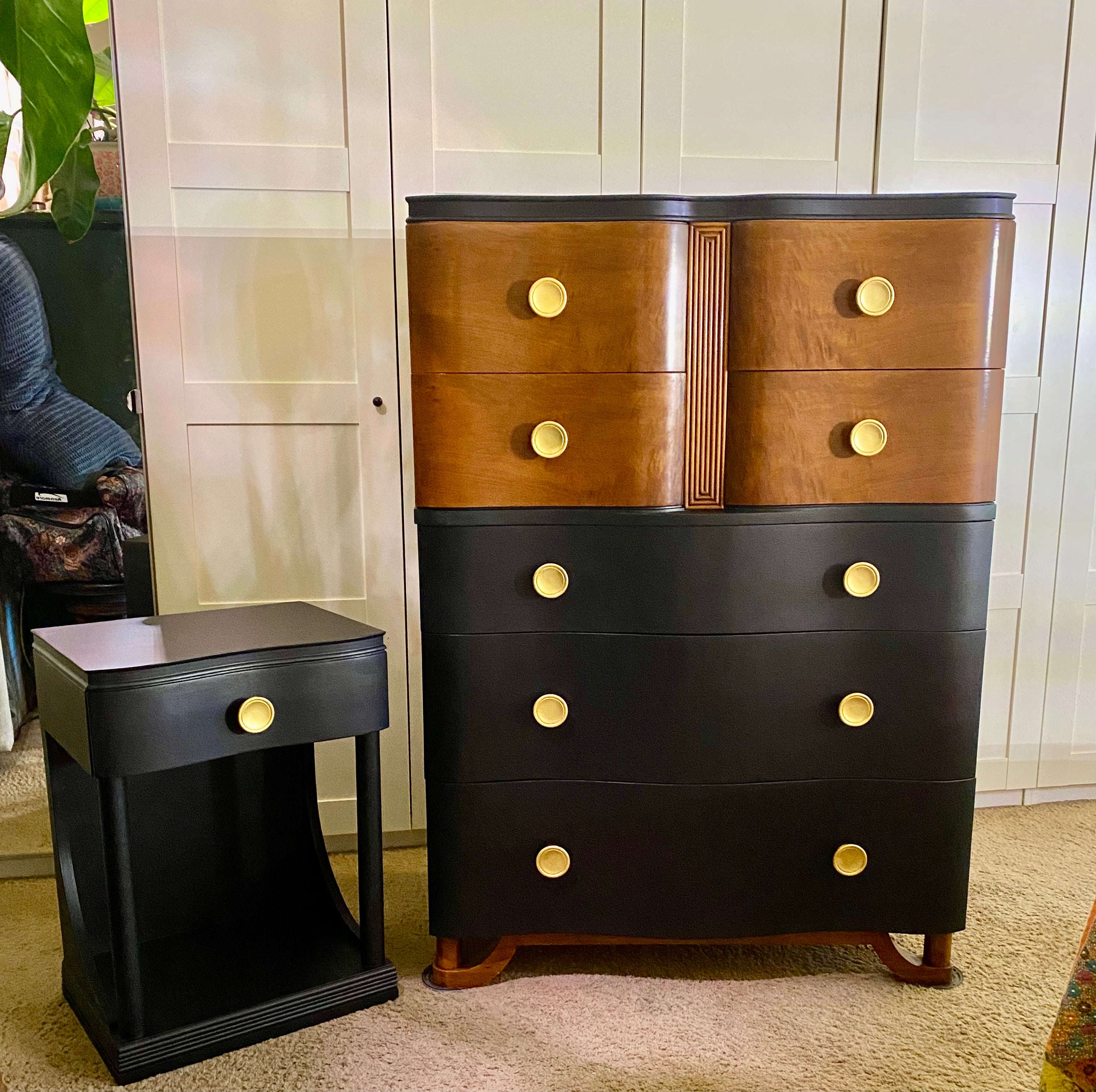 Art Deco Highboy Dresser &amp; Nightstand – Solid Wood (1920-1940)