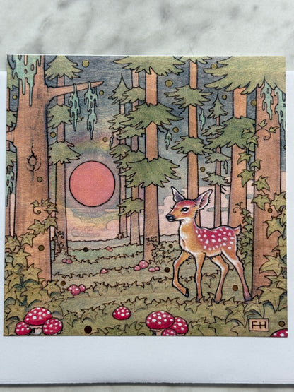 Illustration of a deer in a forest with a circular object in the center, on a textured surface.