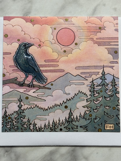 Artistic depiction of a bird on a branch with abstract patterns in the background