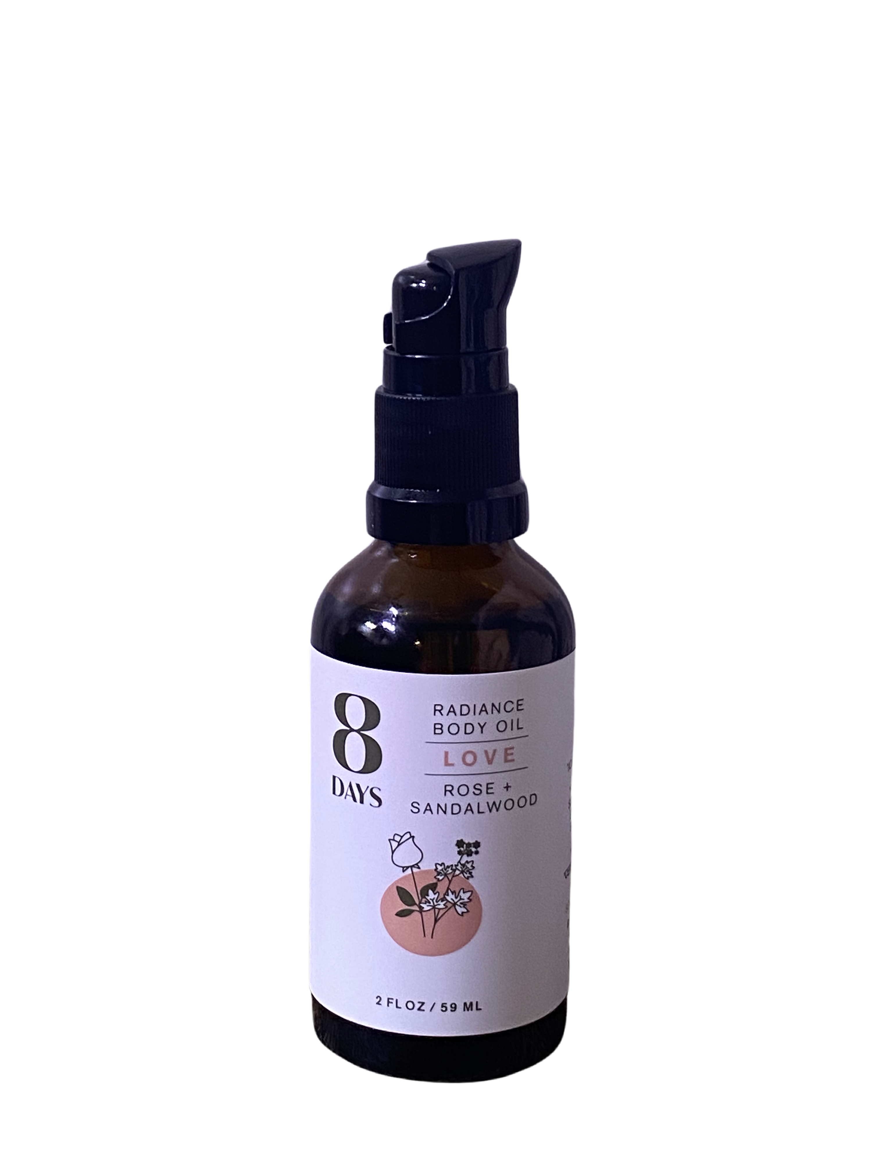 A 2 fl oz (59 ml) brown bottle of 8 Days Botanicals Body Oil in the "Love" scent, with rose and sandalwood, features a floral pink label, black pump dispenser, and offers aromatherapy benefits.