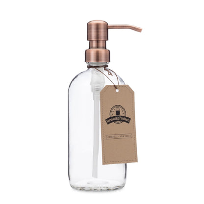 clear 16 oz bottle with copper pump top