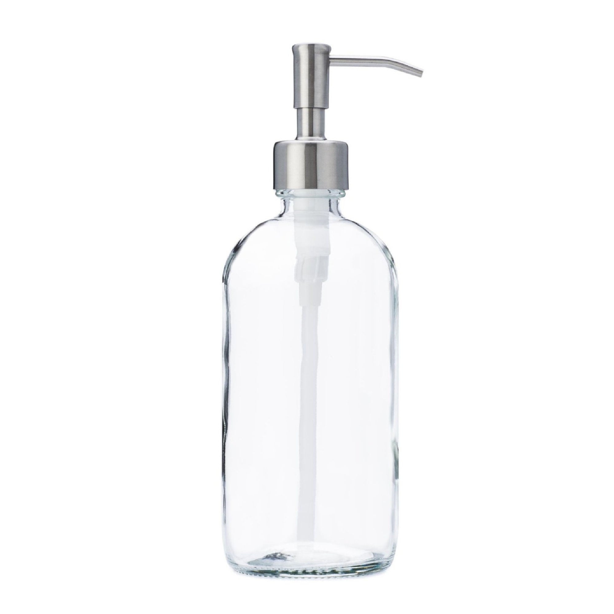 clear 16 oz bottle with silver pump top