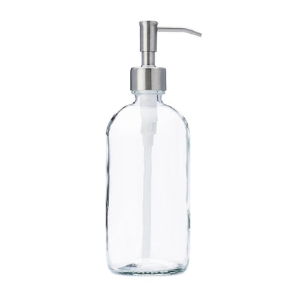 clear 16 oz bottle with silver pump top