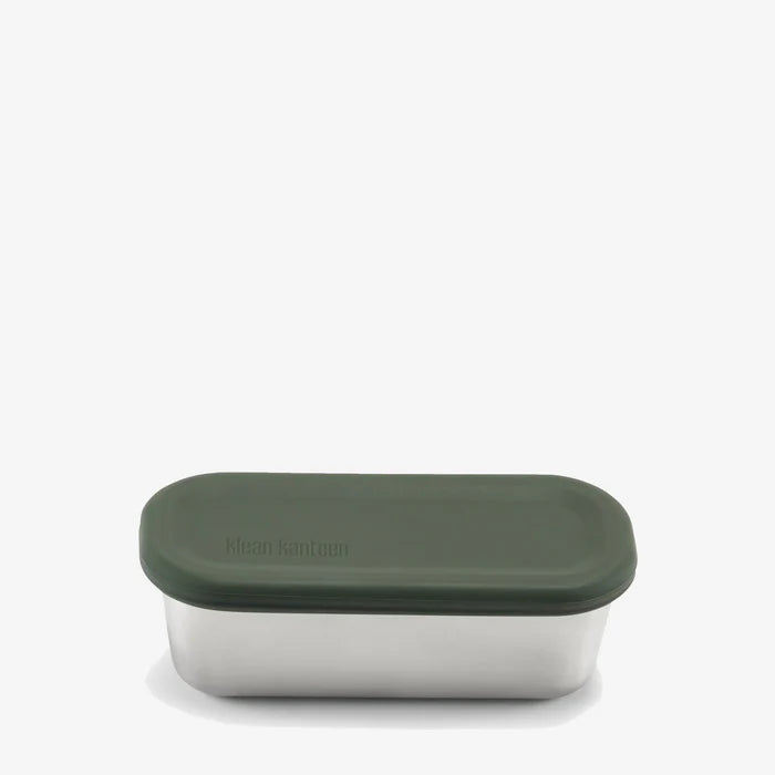 The Klean Kanteen Stainless Steel Snack Box 10 oz, featuring a leakproof design and a dark green, rounded plastic lid, is shown against a plain white background.