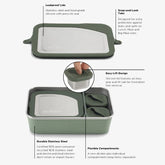 Collage image of the Klean Kanteen Stainless Steel Lunch Box 23 oz in green and gray, highlighting leakproof lids, snap-and-lock tabs, an easy-lift design, durable stainless steel build, and flexible compartments.