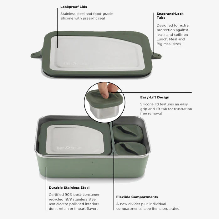 Collage image of the Klean Kanteen Stainless Steel Lunch Box 23 oz in green and gray, highlighting leakproof lids, snap-and-lock tabs, an easy-lift design, durable stainless steel build, and flexible compartments.