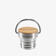 A stainless steel and wood cap with a metal handle, made for the Klean Kanteen Stainless Steel Water Bottle - 27 oz, is displayed against a plain white background.