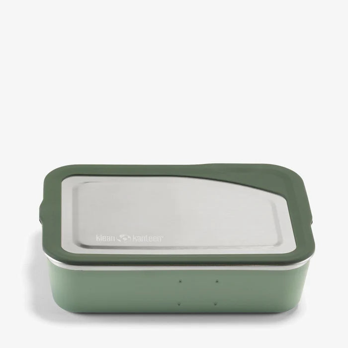 The Klean Kanteen Stainless Steel Lunch Box 34 oz is a rectangular green container with a matching lid, perfect for sustainable food storage and displayed on a plain white background.