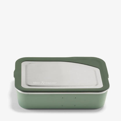 The Klean Kanteen Stainless Steel Lunch Box 34 oz is a rectangular green container with a matching lid, perfect for sustainable food storage and displayed on a plain white background.