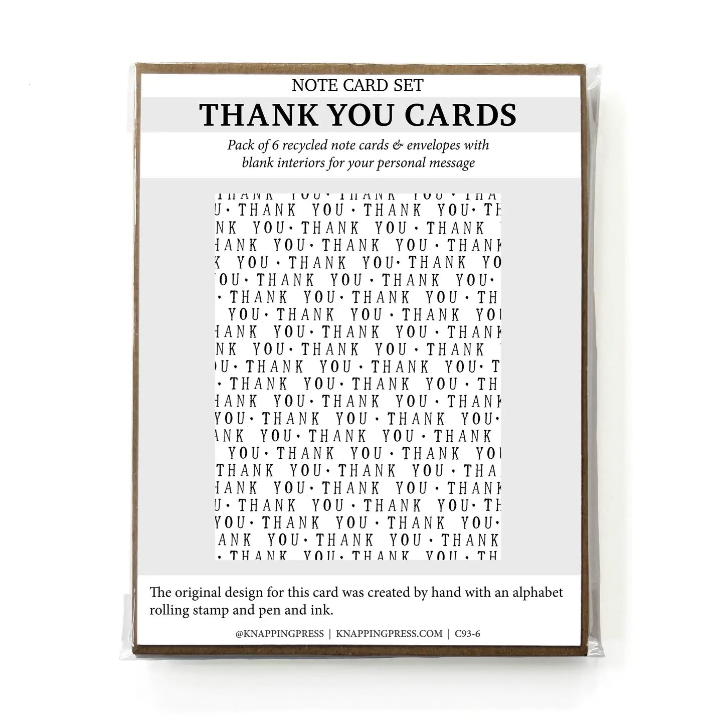 Packaging of thank you cards with text and branding information.