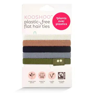 Pack of plastic-free flat hair ties with visible branding on a white background