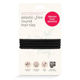 Kooshoo plastic-free round hair ties packaging with black hair ties on a white background