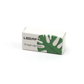 A compact white box labeled Leaf Razor Accessories by Leaf, featuring a green leaf graphic and text indicating 50 single edge blades—ideal for your safety razor.