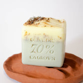 The Lianna Handmade Bar Soap by Lianna, embossed with "OLIVE OIL 70% CA GROWN," is a square, pale green and cream organic soap topped with dried herbs, displayed on a wavy, round reddish-brown dish.