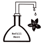 A black and white line drawing of a laboratory flask labeled Refill Merc, with a nozzle dripping liquid next to a simple flower illustration.