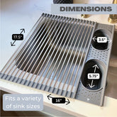 Stainless steel sink grid with dimensions labeled on a kitchen counter.