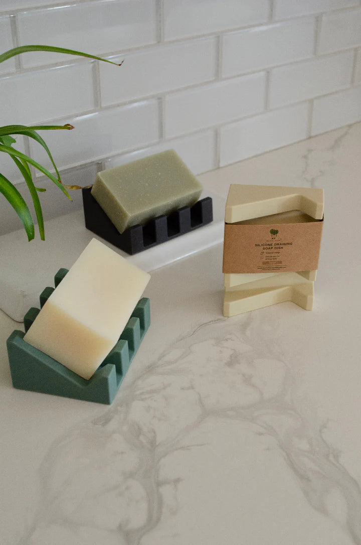Two bars of soap on green soap holders with a plant and box in the background.