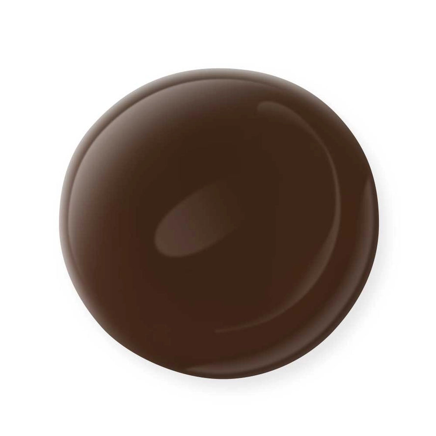 A round, glossy, dark brown chocolate drop with highlights, shown on a white background—its rich hue reminiscent of Mineral Fusion Nail Polish by Mineral Fusion, a favorite among clean beauty enthusiasts for its non-toxic formula.