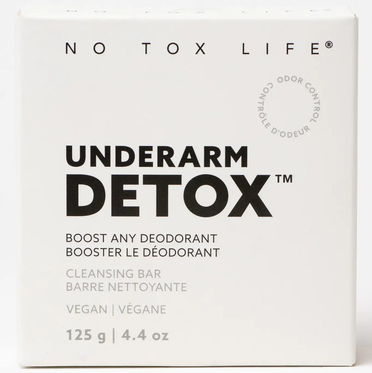 White box labeled No Tox Life Underarm Detox Bar, 125g (4.4 oz), a vegan exfoliating cleansing bar formulated to enhance the effectiveness of any natural deodorant and provide odor control. Features bilingual English/French text.