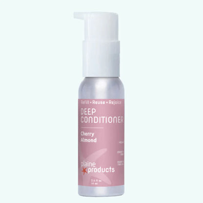 Plaine Products Deep Conditioner bottle with cherry almond scent on a white background