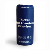 A single roll of Plant Paper Towels by Plant Paper, made from unbleached bamboo, wrapped in dark blue paper with “Thicker. More Absorbent. Toxin-free.” in white text and eco-friendly, toxin-free icons.