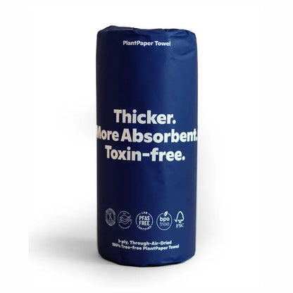 A single roll of Plant Paper Towels by Plant Paper, made from unbleached bamboo, wrapped in dark blue paper with “Thicker. More Absorbent. Toxin-free.” in white text and eco-friendly, toxin-free icons.