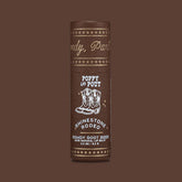 Brown lip balm container with branding on a brown background