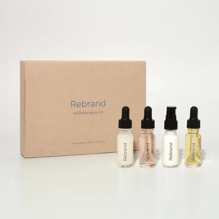 rebrand mini kit, 4 small bottles lined up in front of the box