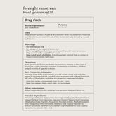The Rebrand Foresight Sunscreen SPF 30 – Mineral Sunscreen for Face label lists drug facts, usage directions, warnings, sun protection info, and ingredients, with non-nano zinc oxide 18.9% as its active ingredient.