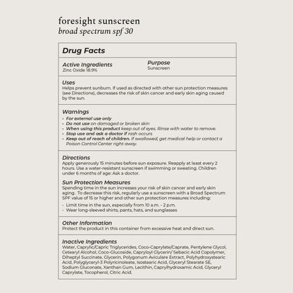 The Rebrand Foresight Sunscreen SPF 30 – Mineral Sunscreen for Face label lists drug facts, usage directions, warnings, sun protection info, and ingredients, with non-nano zinc oxide 18.9% as its active ingredient.