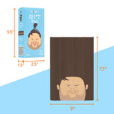 Poop bag with a JD Vance face illustration and packaging with dimensions on a blue and white background