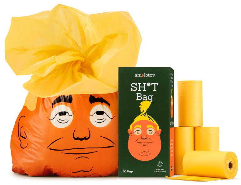 Plastic-free plant-based dog poop bags by Smolotov, durable unscented waste bags on refill rolls for eco-friendly pet cleanup. Donald Trump