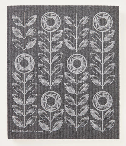 swedish dishcloth in grey with white nordic flowers