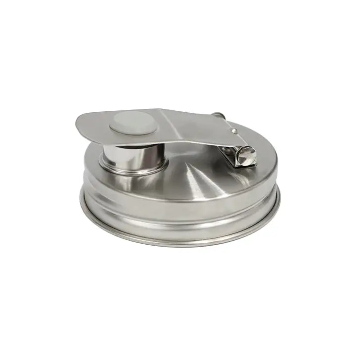 metal mason jar pour top with top popped open on white background