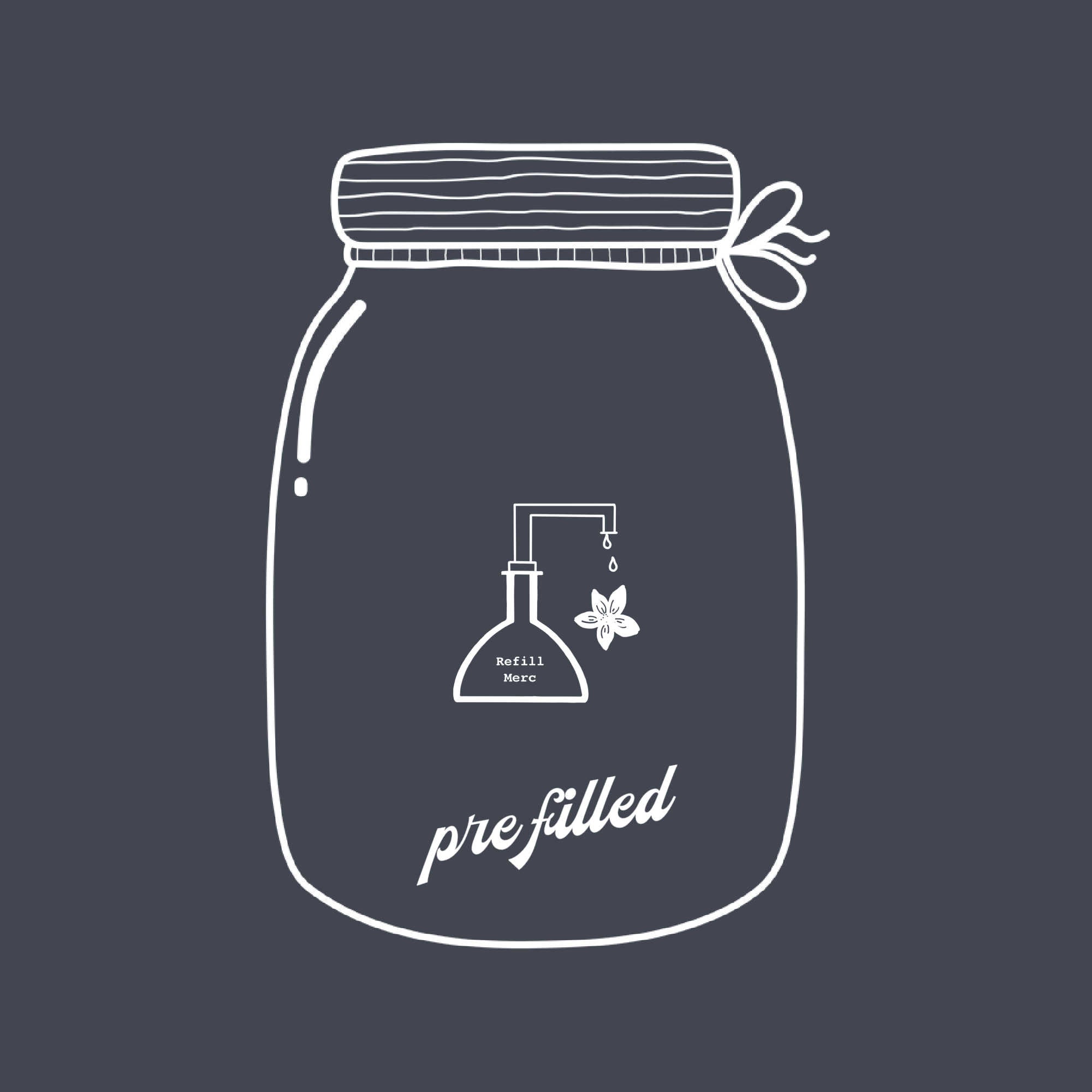 A minimalist white line drawing of a jar with a tied lid on a dark background. Inside, a flask labeled "Refill More" contains a dropper and flower, referencing Root and Splendor&