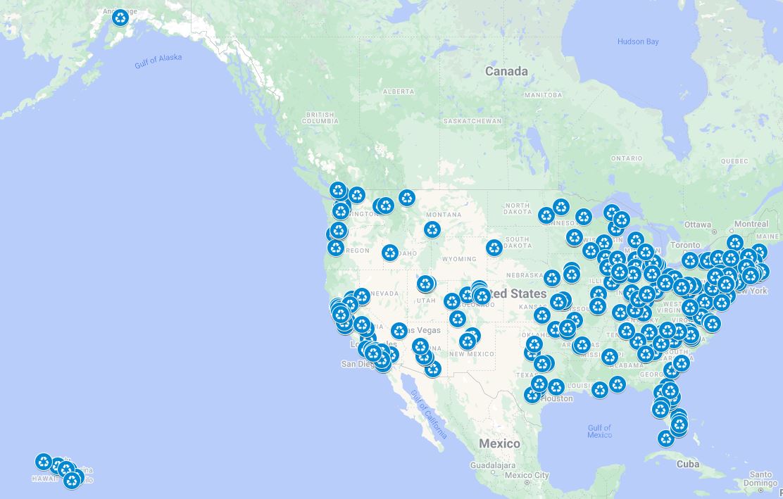 Map of the United States showing numerous blue markers clustered mainly in the eastern and central regions, with some in the western U.S., Alaska, and Hawaii, indicating specific locations or points of interest.