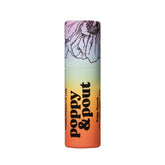 A cylindrical tube of Poppy & Pout Lip Balm featuring a pastel gradient, floral cap illustration, and the brand name Poppy & Pout printed boldly on the front.