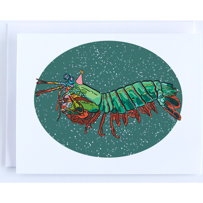 Greeting Cards by Bean Horse Car Designs: Illustration of a joyful person in hat, scarf, and goggles riding a colorful mantis shrimp on a teal background—ideal for eco-friendly celebrations.