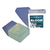 A translucent, pale green omega-rich jelly bar sits beside its white Dewmighty box labeled Bloom Skin Serum Bar with floral graphics. Both cast bluish shadows on a white surface, reflecting its skin barrier repair benefits.