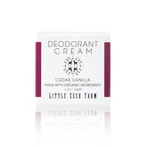 A 2.4 oz (68 g) jar of Little Seed Farm Deodorant Cream, aluminum-free and made with organic ingredients, shown on a white background with maroon side accents.