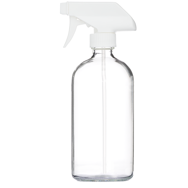 The Berlin Packaging Glass Spray Bottle is a 16 oz clear bottle with a white plastic trigger sprayer, displayed against a plain white background.