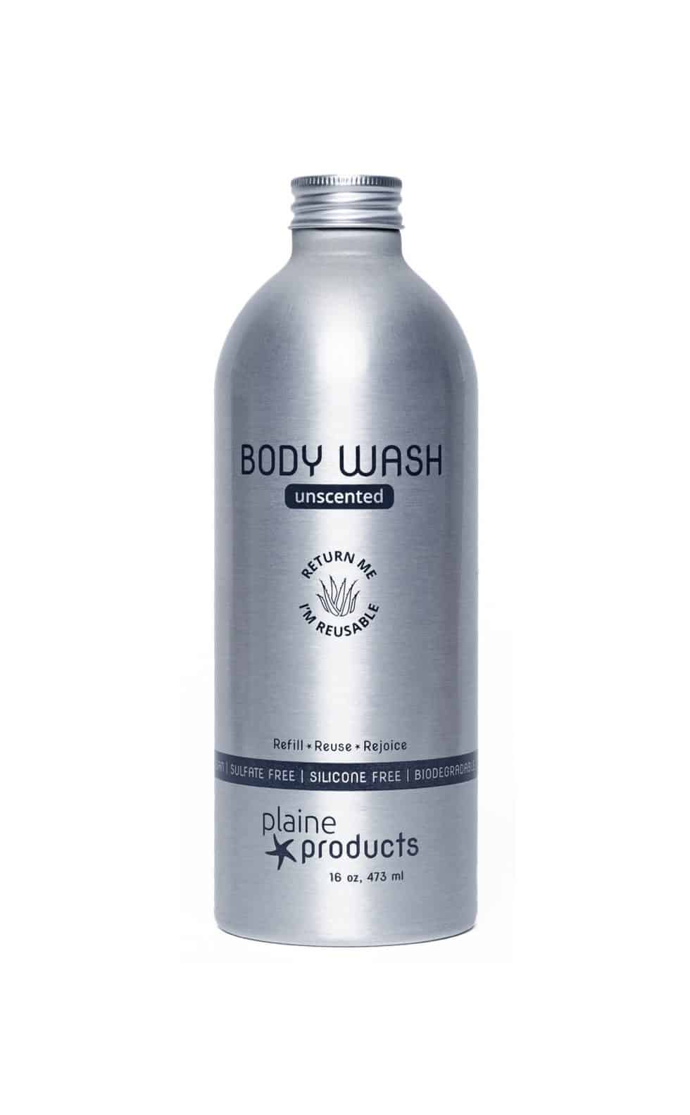 Plaine Body Wash unscented aluminum bottle