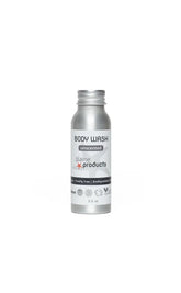 A silver aluminum Plaine Products Body Wash bottle, labeled Unscented, with cruelty-free and biodegradable symbols. This vegan, refillable product from Plaine Products is centered on a white background.