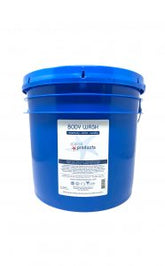 A large blue plastic bucket with a handle and a white label reading "Bulk Body Wash - Plaine Products" by Plaine Products. The container has a matching blue lid and is set against a plain white background.