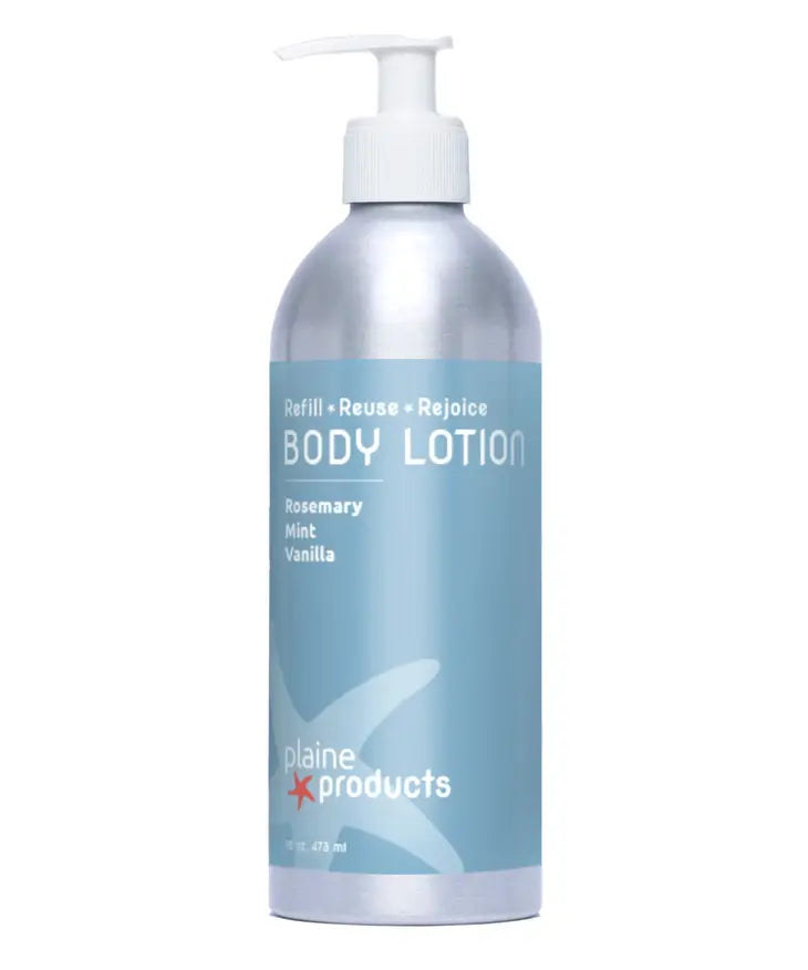 Plaine Products Lotion comes in a silver pump bottle with a blue label featuring rosemary, mint, and vanilla scents. This vegan conditioner is plastic-free, refillable, and displays "Refill • Reuse • Rejoice" with an abstract design.