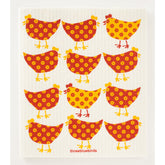 Twelve red and yellow chickens with floral patterns are arranged in a grid on white, with "Three Bluebirds Swedish Dishcloths" at the bottom, making the Birds and Chickens Swedish Dishcloth ideal for eco-friendly cleaning.