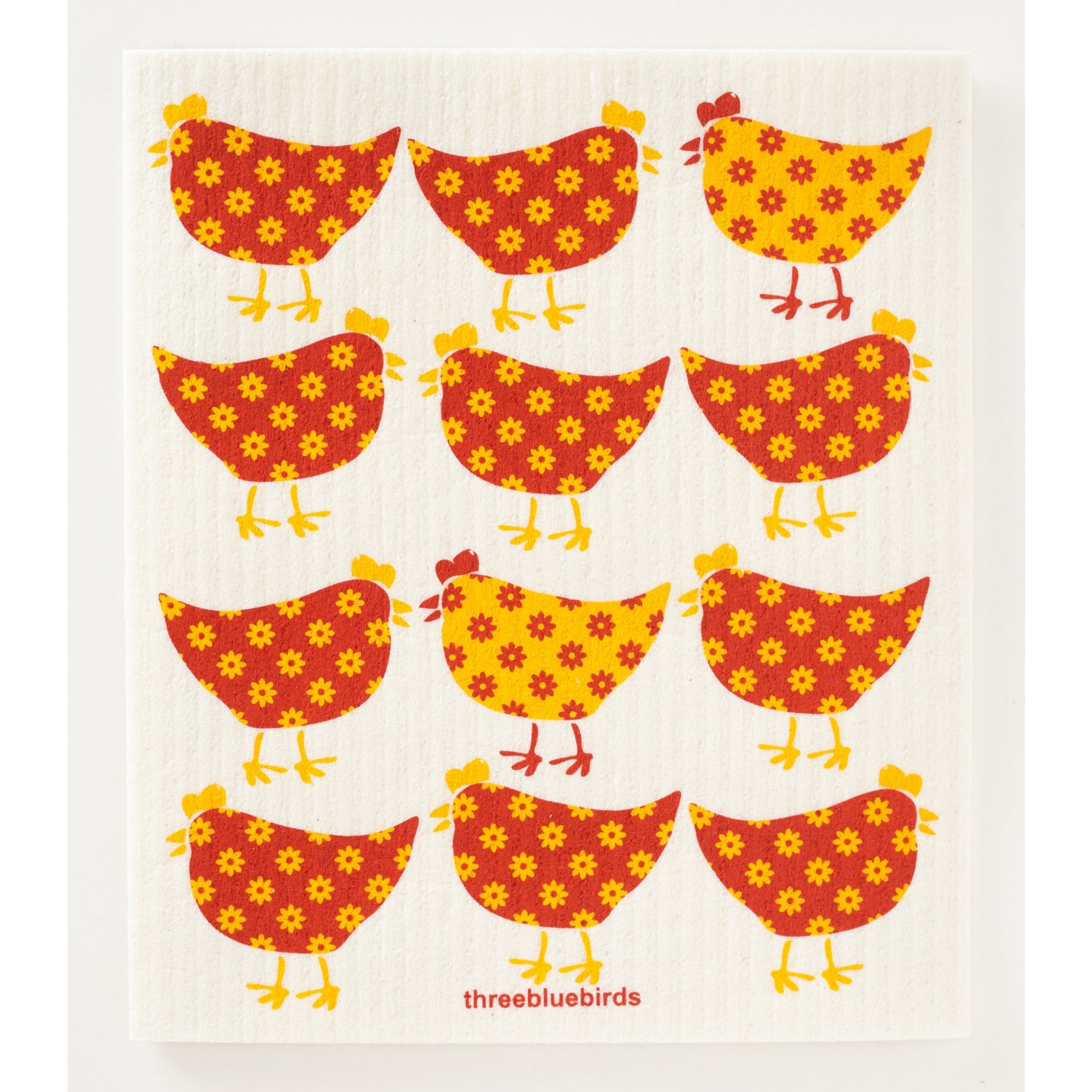Twelve red and yellow chickens with floral patterns are arranged in a grid on white, with "Three Bluebirds Swedish Dishcloths" at the bottom, making the Birds and Chickens Swedish Dishcloth ideal for eco-friendly cleaning.